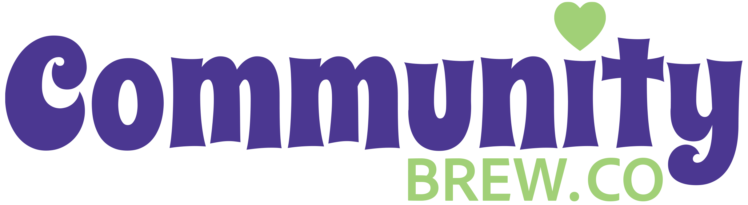 Community Brew.Co in purple and green with a green heart replacing the dot above the letter i.