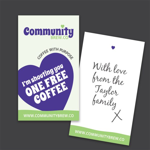 Front and back of a One Free Coffee card with a handwritten message on the back